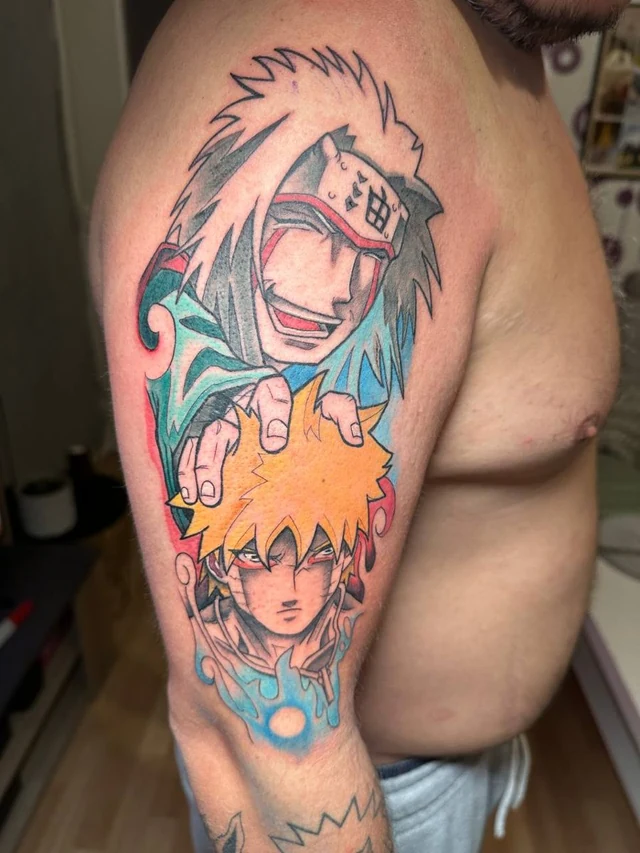 Tatuaje anime a color de Jiraiya y Naruto